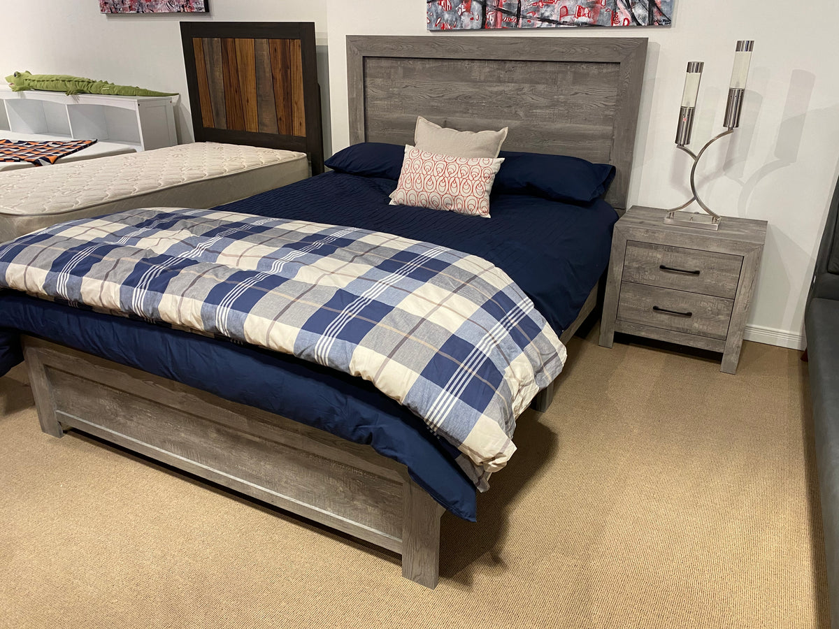 Model 1534 rustic grey bedroom set with panel bed and two-drawer nightstand