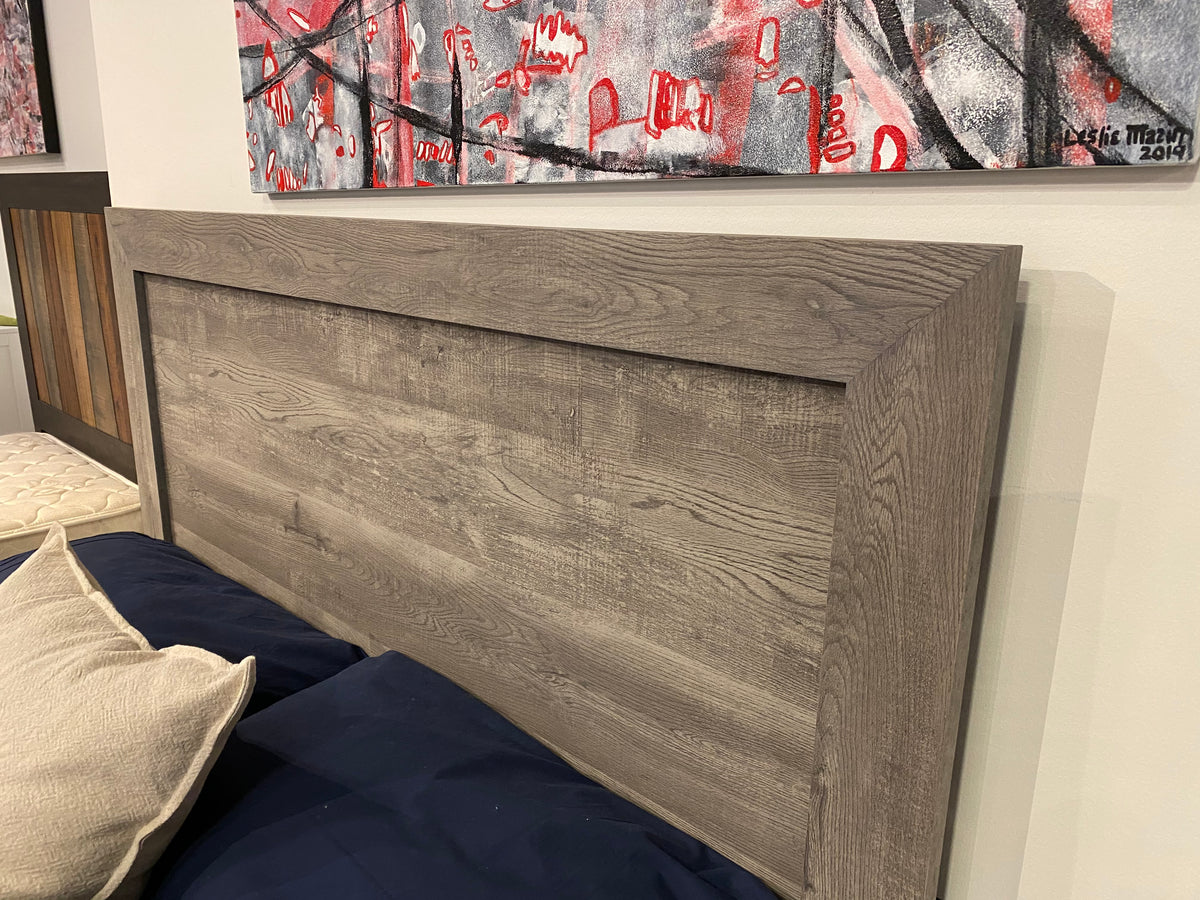 Close-up of Model 1534 rustic grey wood panel headboard