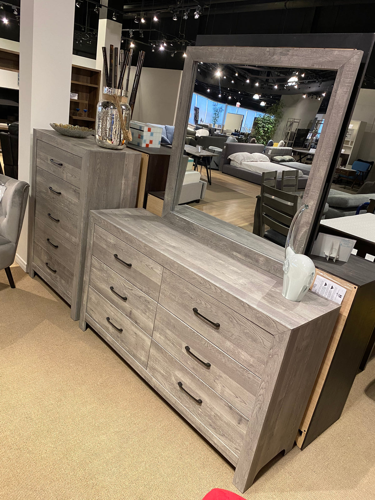 Model 1534 rustic grey six-drawer dresser with framed mirror and tall chest