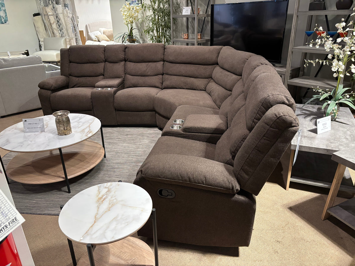 Model 99091BRW brown fabric sectional recliner with corner seating