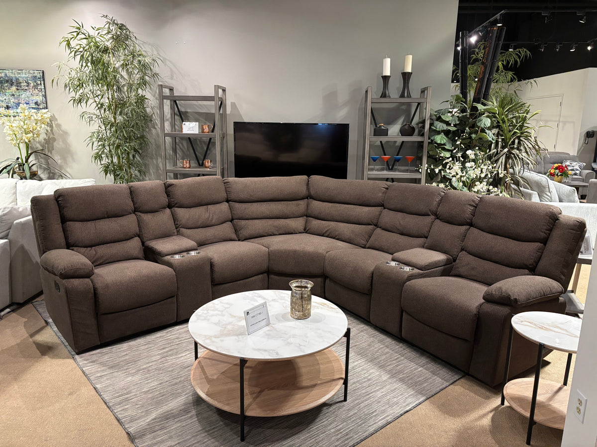 Model 99091BRW brown fabric sectional recliner front view with center consoles