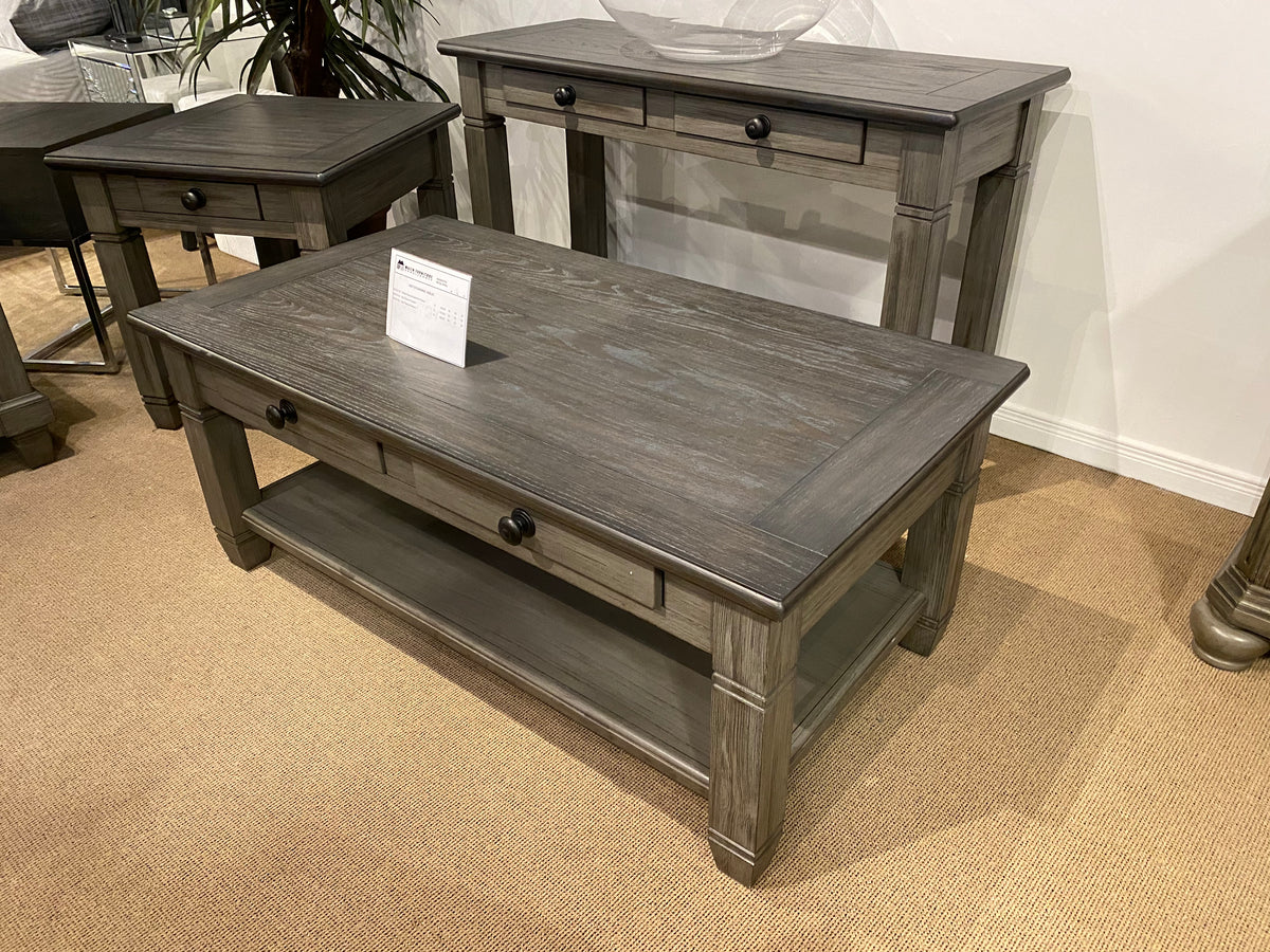 Model 5627GY gray coffee table, end table, and sofa table set