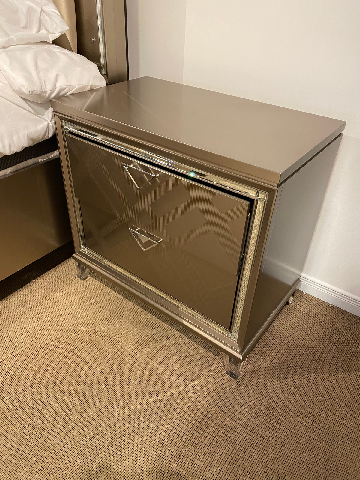 Model 1522 two-drawer nightstand with metallic geometric fronts and chrome trim