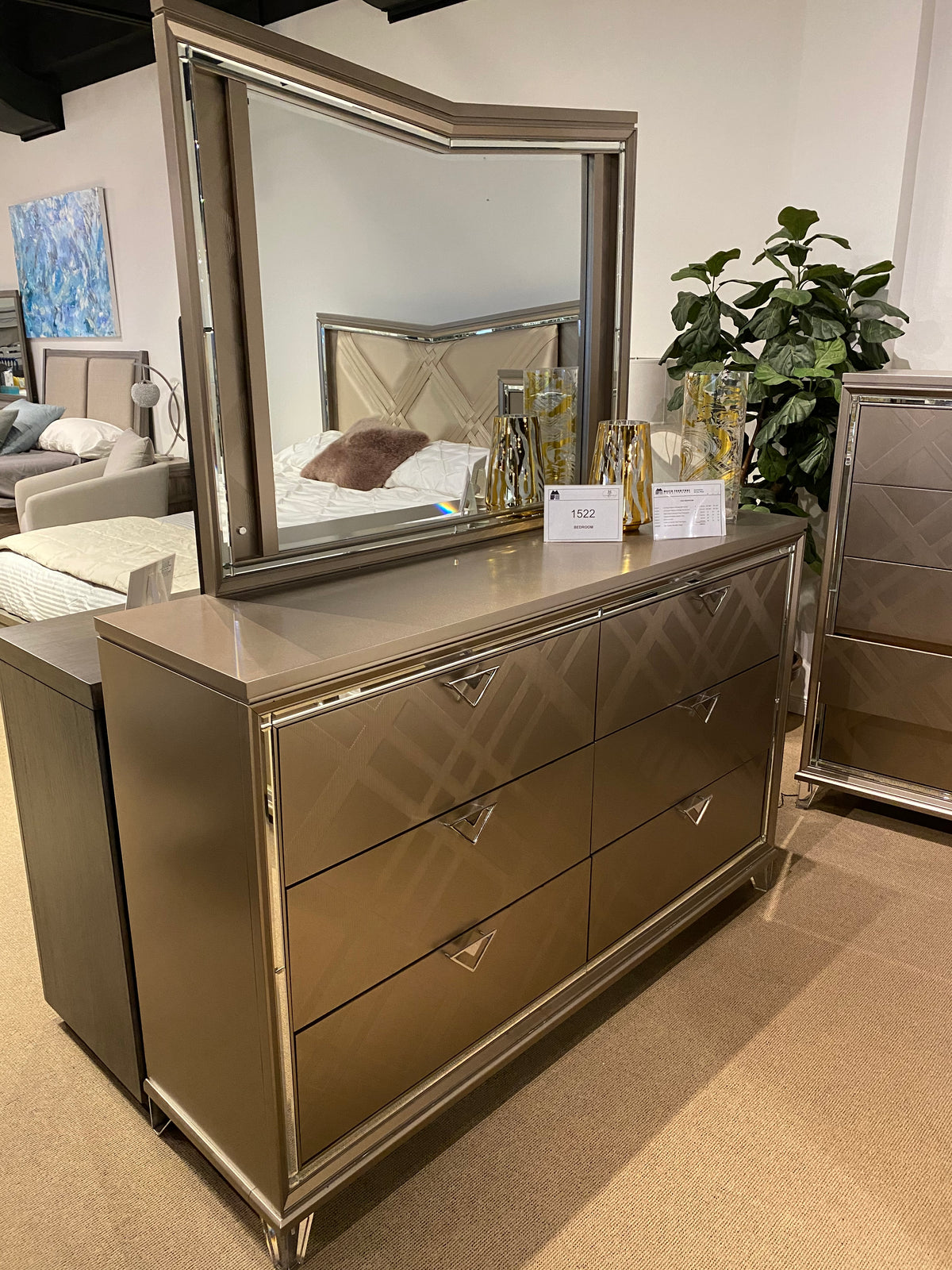 Model 1522 six-drawer dresser with metallic geometric fronts and large framed mirror