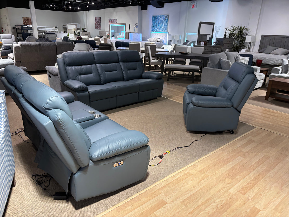 Model 9629BGY grey leather power recliner set, wide showroom view