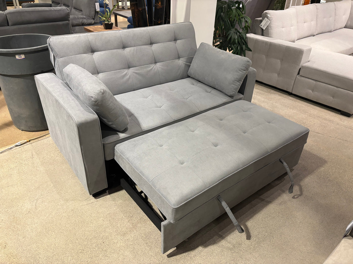 Model 99025LGY light grey fabric sofa bed in seating position