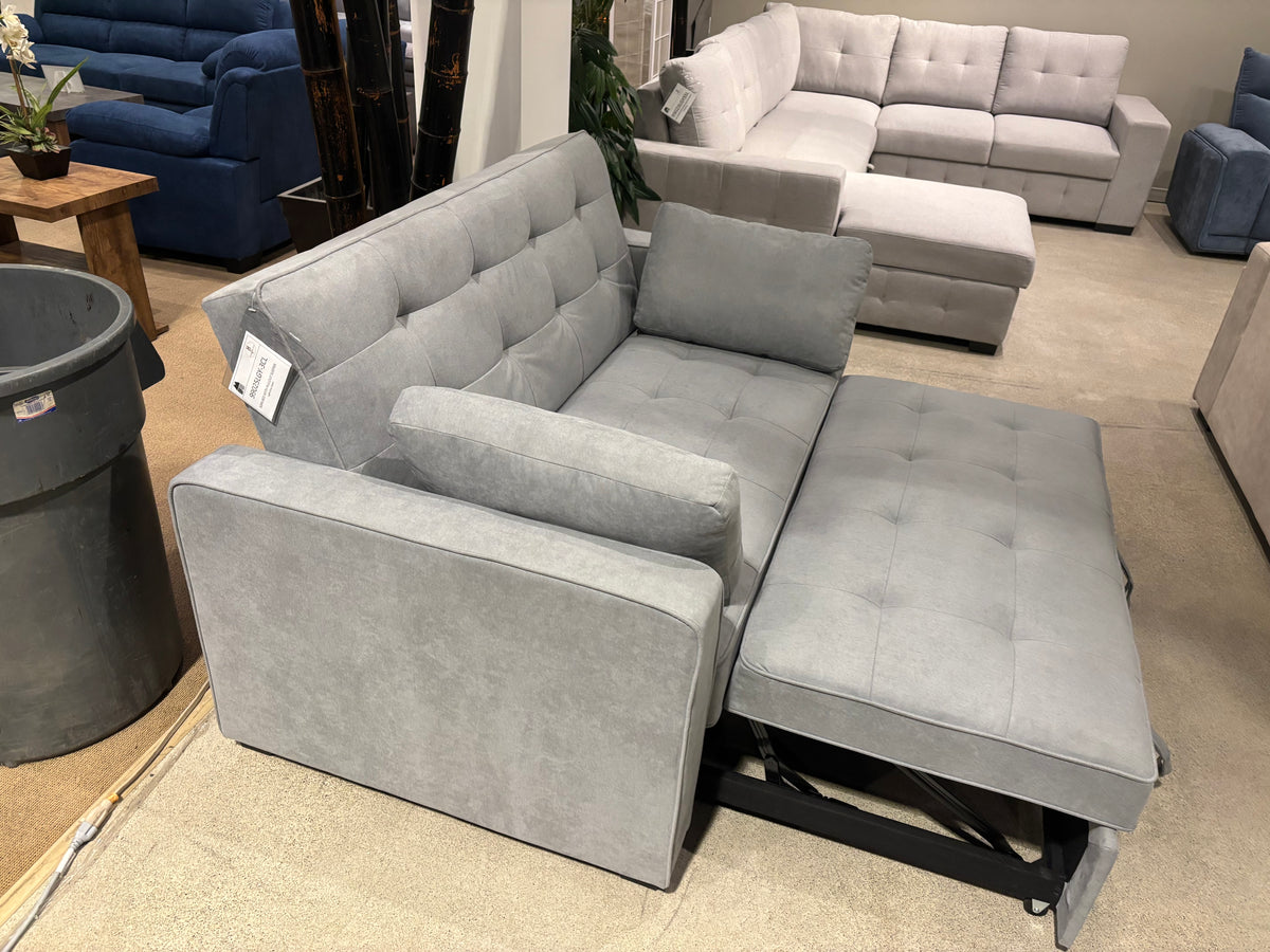 Model 99025LGY light grey fabric sofa bed opened into sleeper position