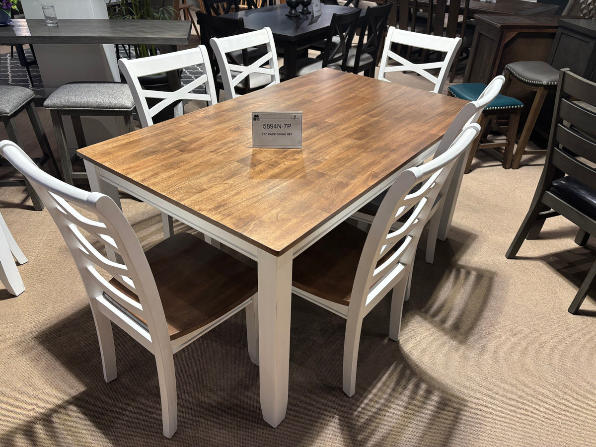 Model 5894N seven-piece dining set with wood-look table and contrasting white ladder-back chairs