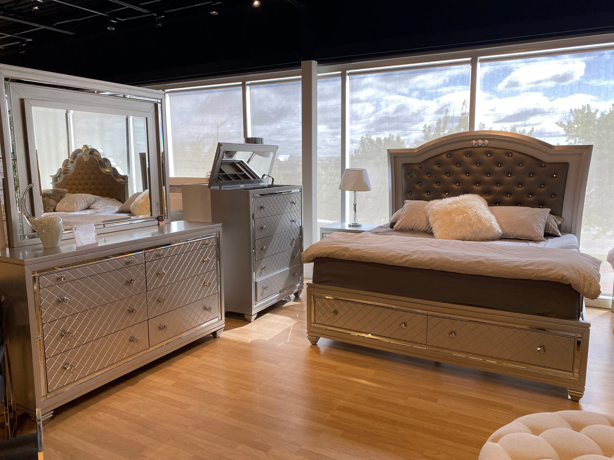 Model 1430 complete silver king bedroom set with bed, storage footboard, dresser, mirror, and chest