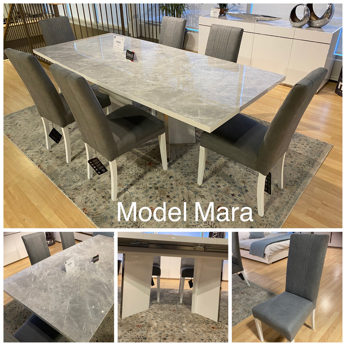 Model Mara Italian dining set with marble-look table and six grey upholstered chairs