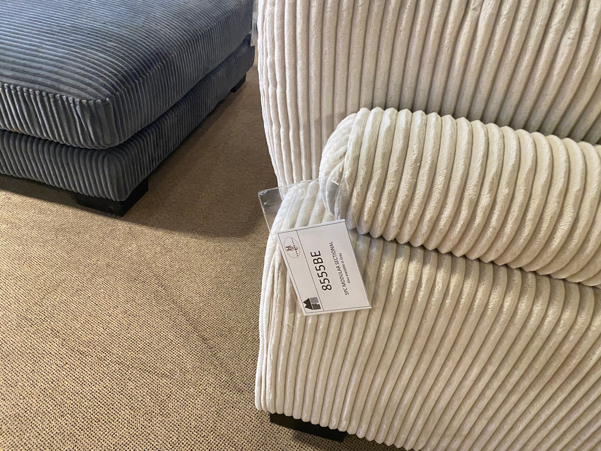 Model 8555 modular corduroy sectional model tag and ribbed fabric detail