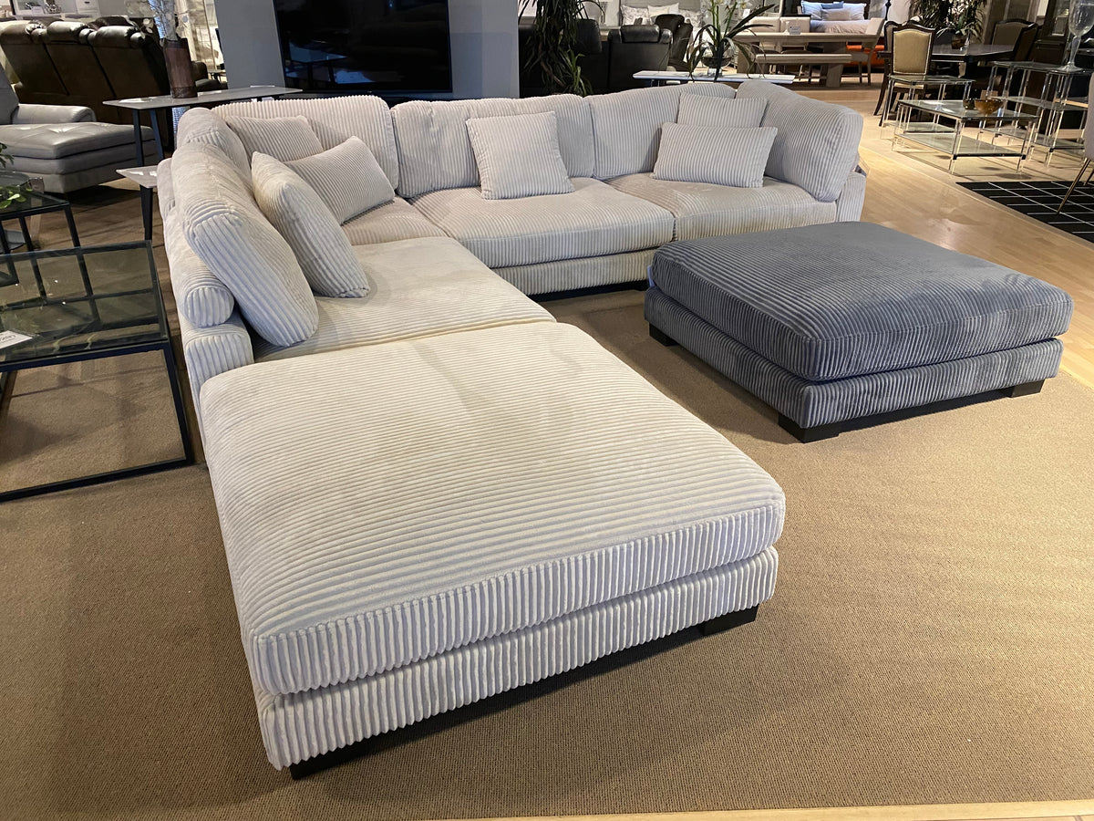 Model 8555 modular corduroy sectional configuration in beige and grey