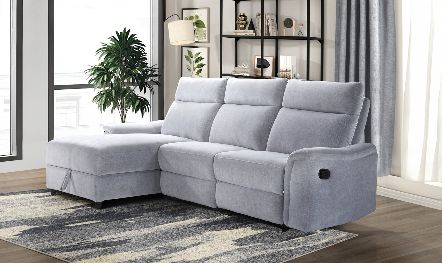 Sectional Sofa with one recliner and storage model 99027GY left/right chaise storage