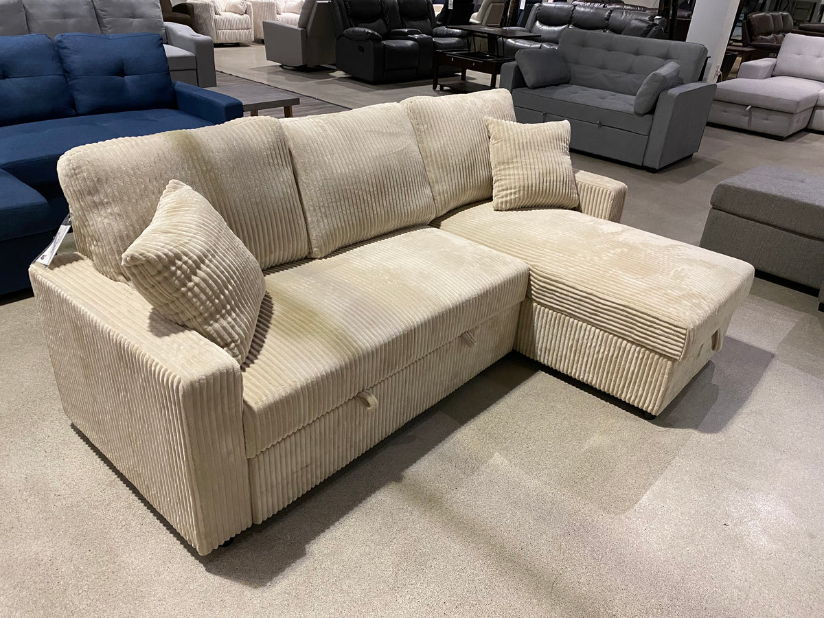 Model 99080BE beige sectional sofa bed with chaise and ribbed upholstery