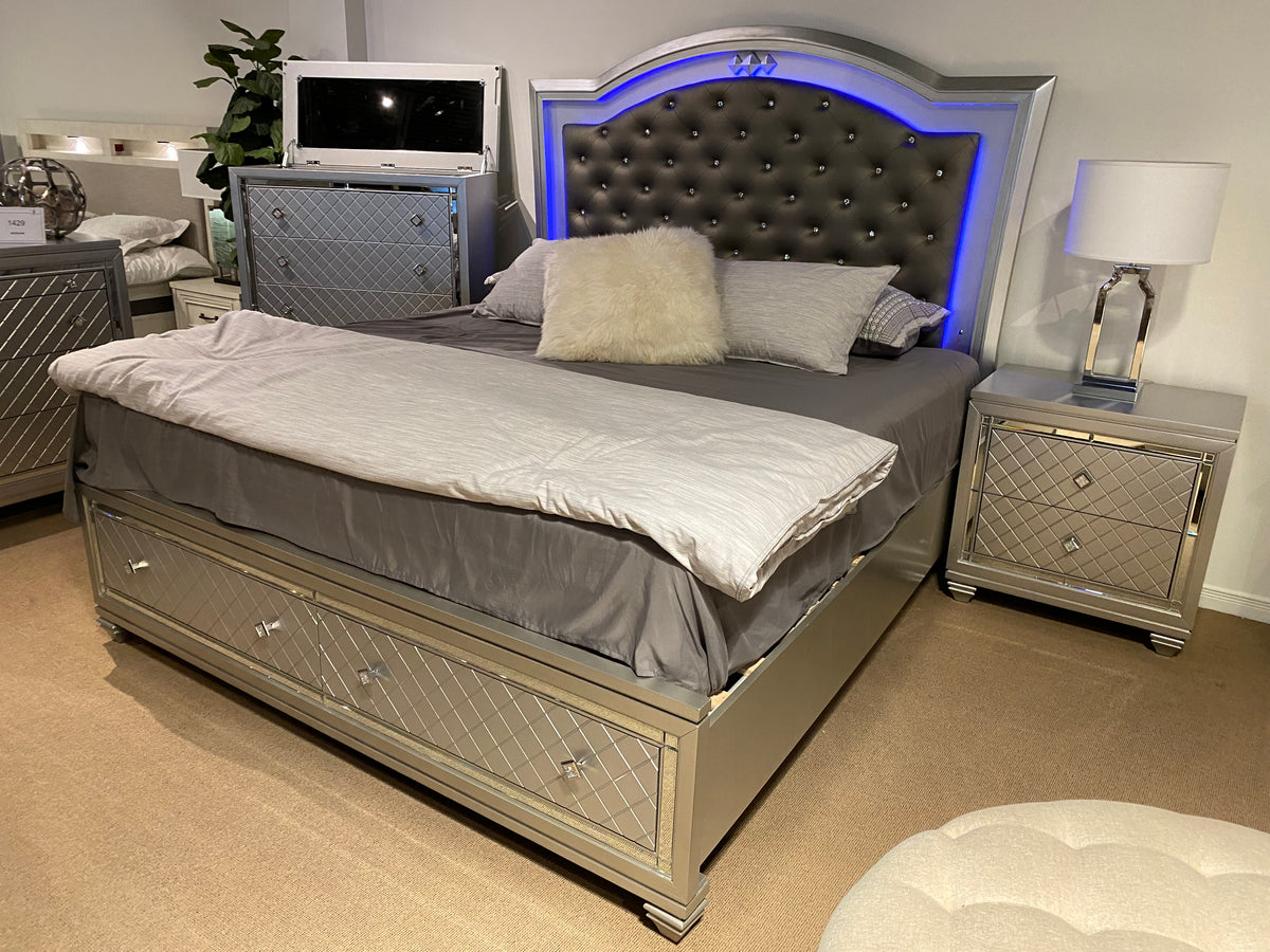 Model 1430 king bed tufted headboard with crystal-style buttons and blue LED lighting
