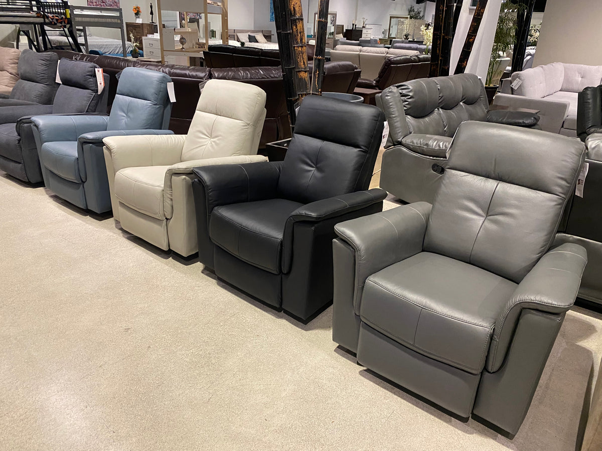Model 9620 white leather power recliner chair, front view