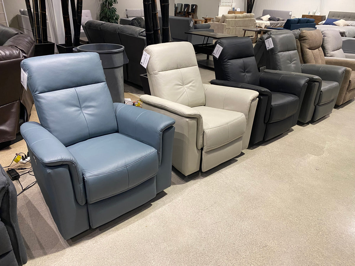 Model 9620 grey leather power recliner chair, front view