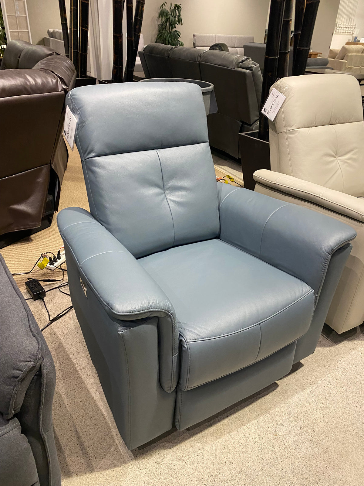 Model 9620 dark grey leather power recliner chair, front view