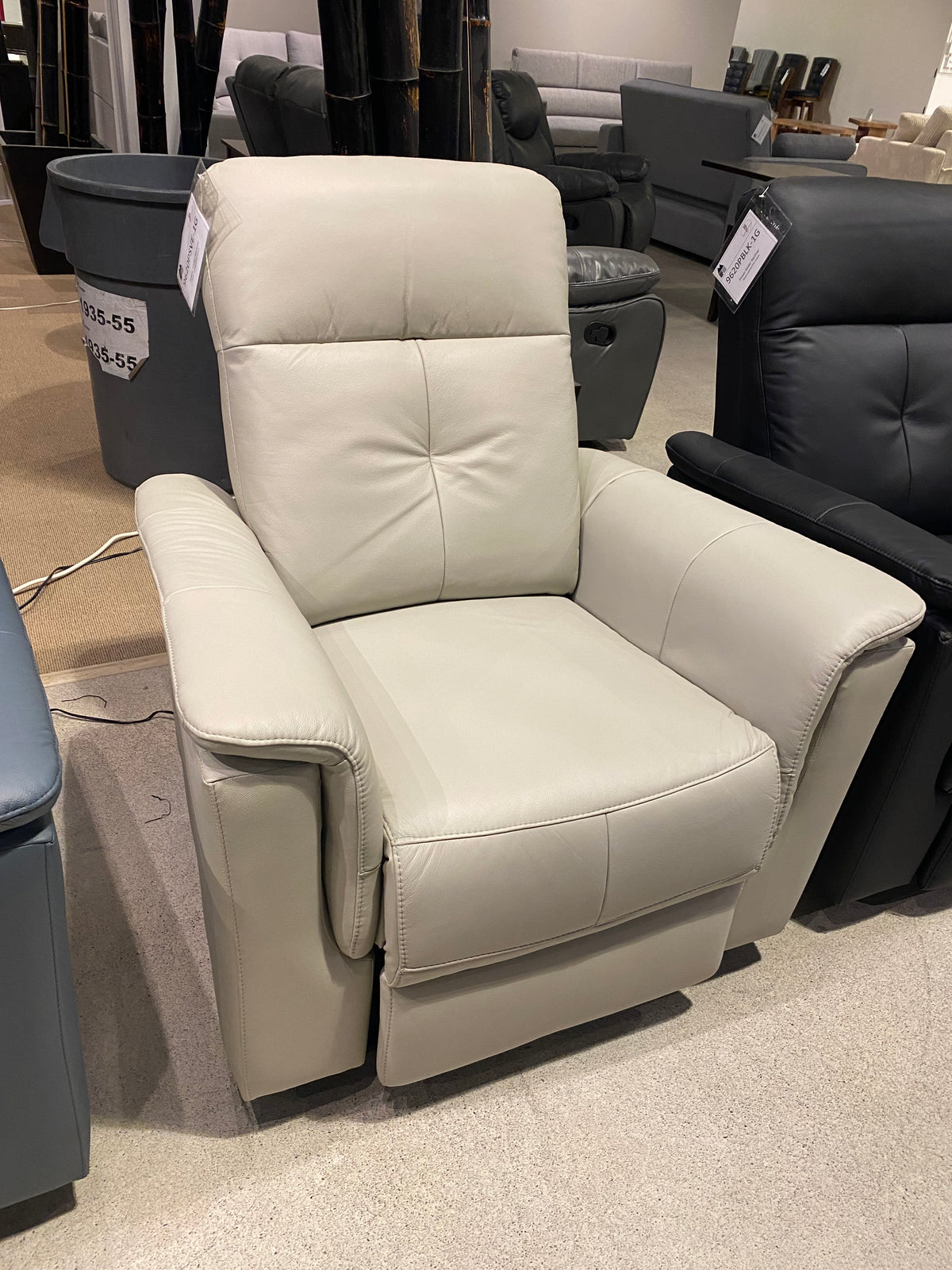 Model 9620 light blue leather power recliner chair, front view