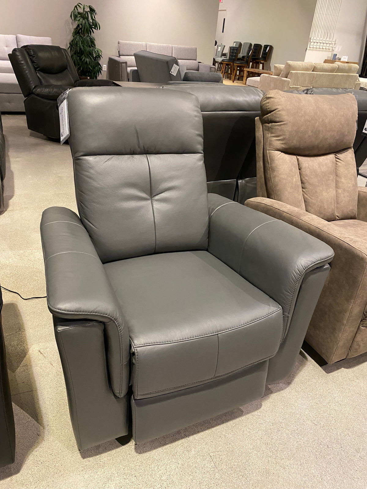 Model 9620 light blue leather power recliner chair, close-up view