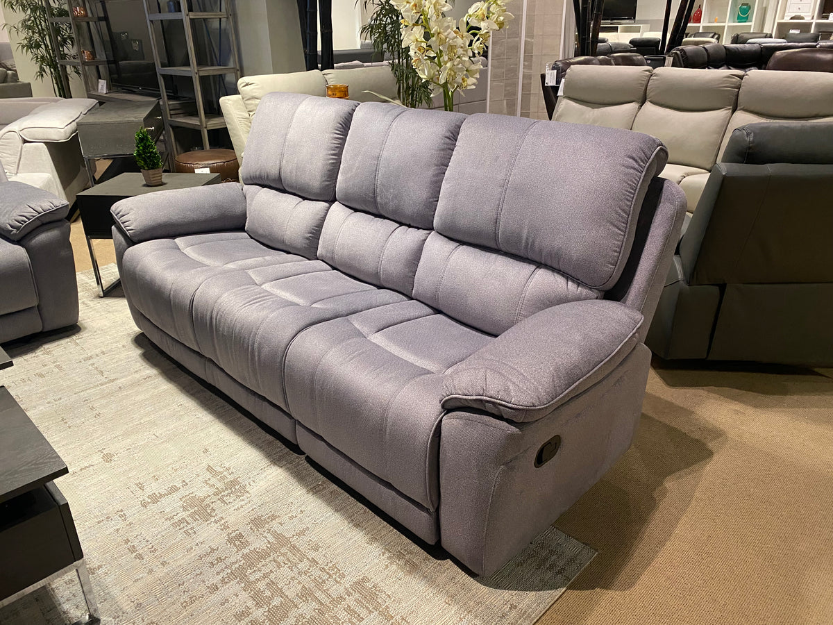 Model 99031GY grey reclining sofa close-up with plush fabric upholstery