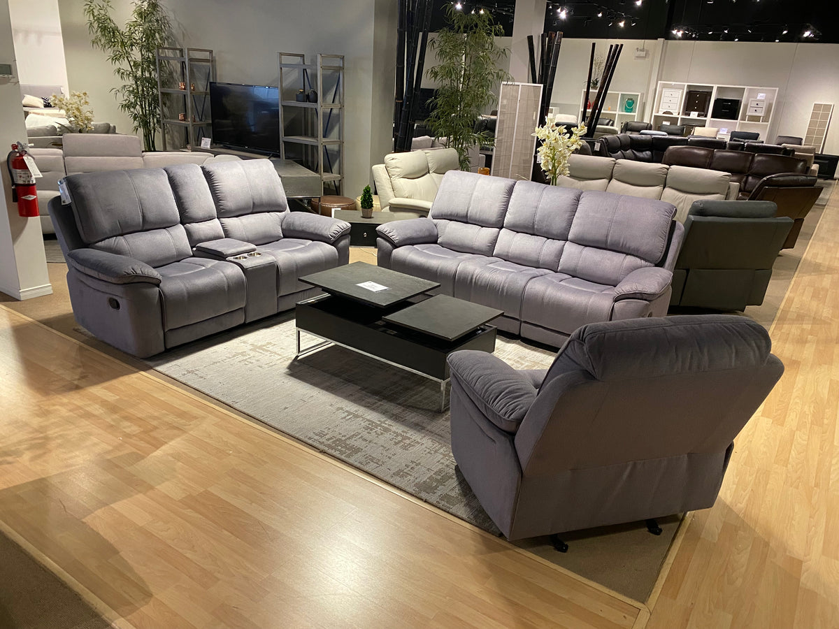 Model 99031GY grey recliner sofa set with sofa loveseat and chair