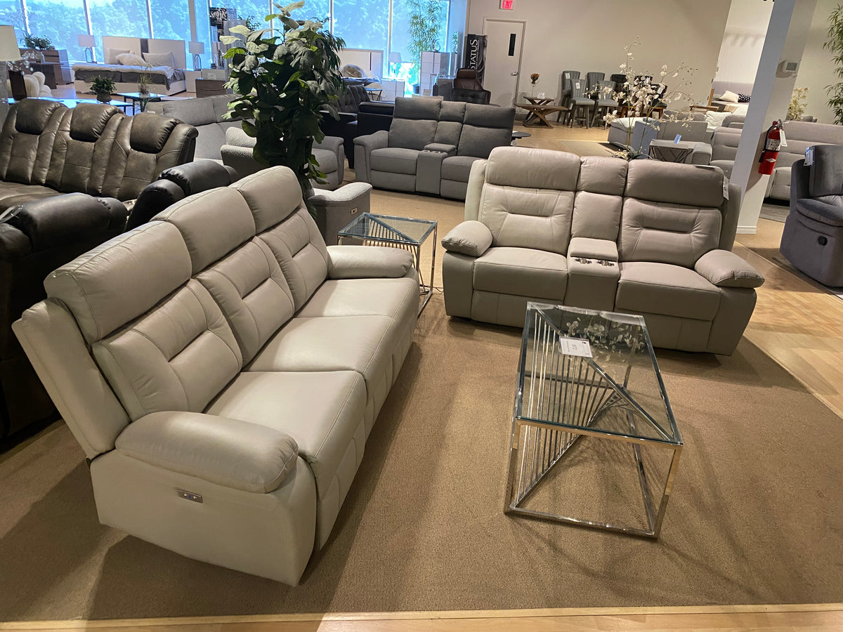 Model 9629SVE leather power recliner sofa and loveseat set, wide showroom view