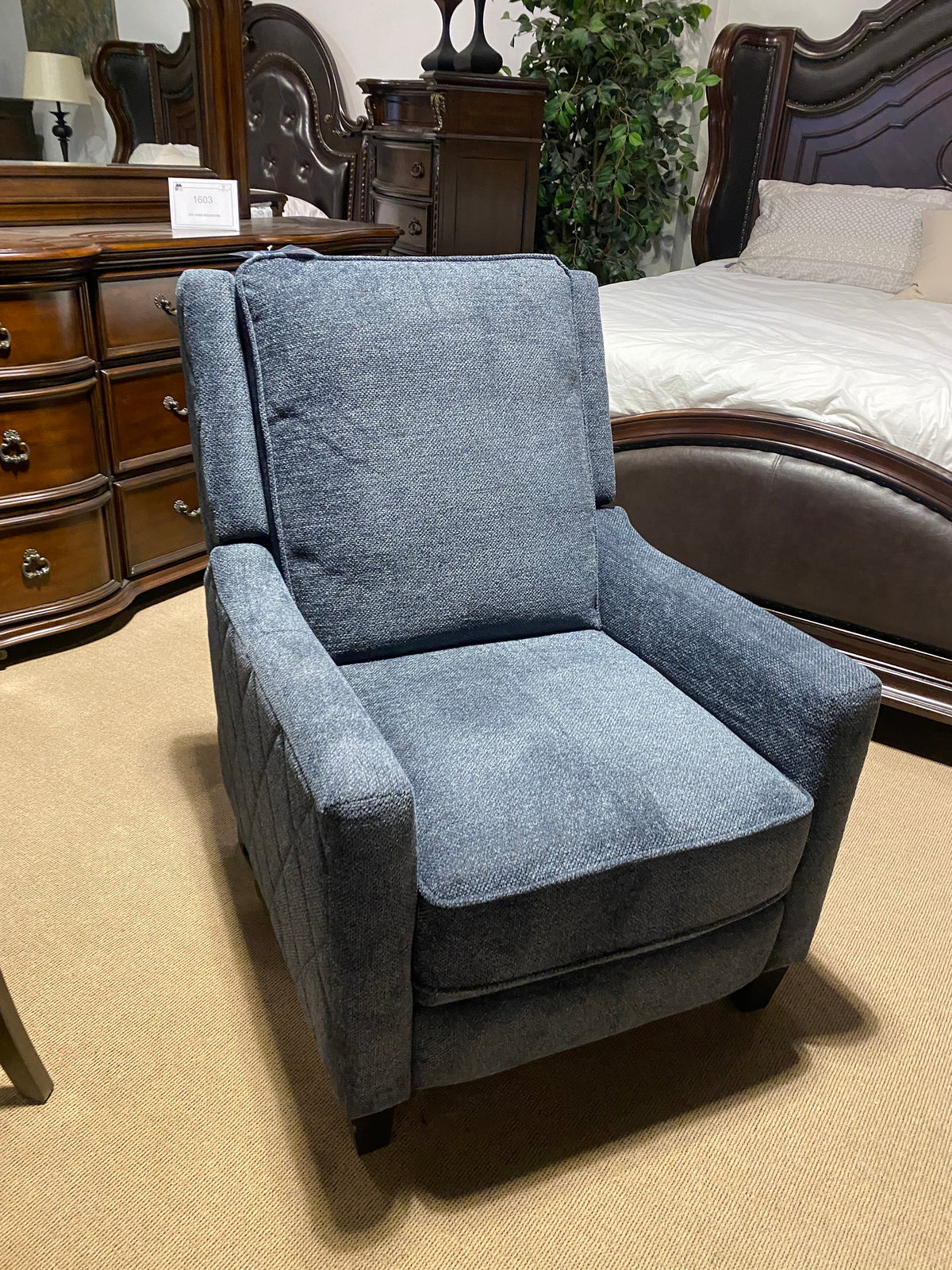 Model 98505BU blue fabric push-back recliner chair front view