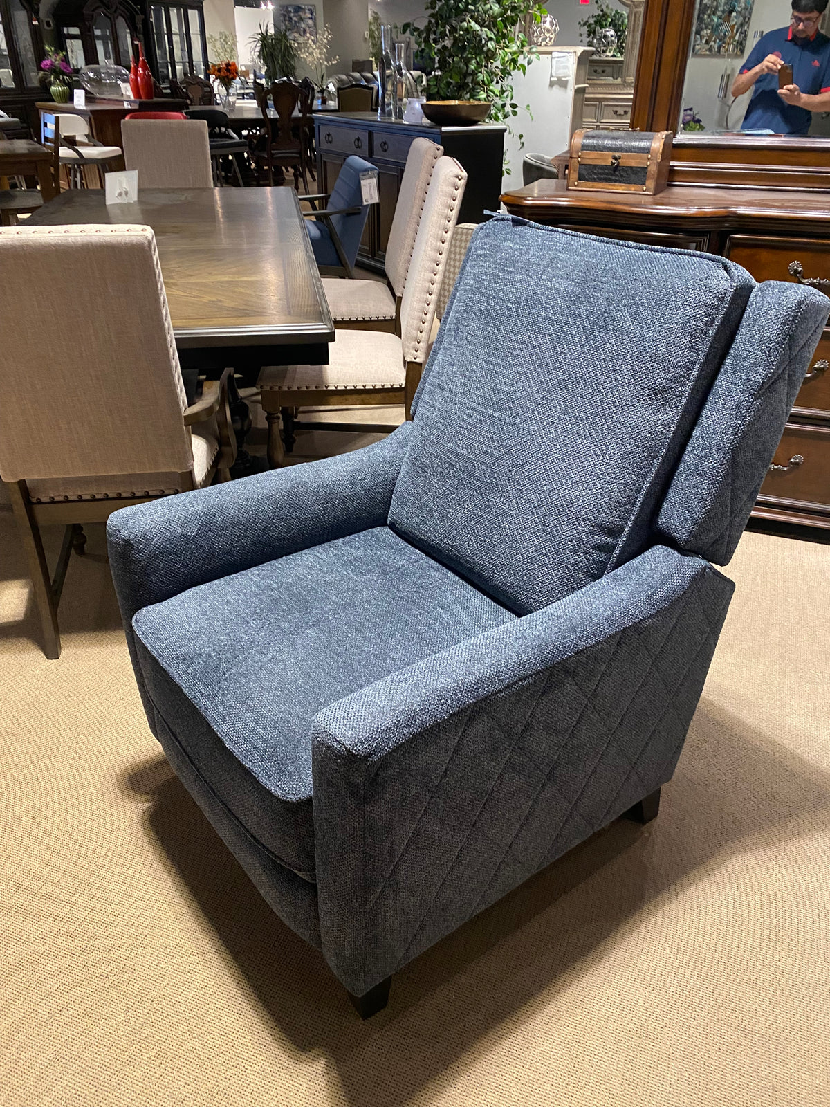 Model 98505BU blue fabric push-back recliner chair angled view