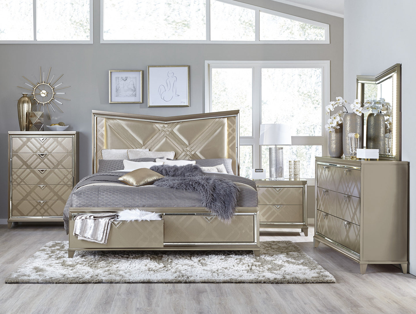 Glamorous Champagne Color Queen/King Bedroom Set 1522 Limited Toronto Stocks