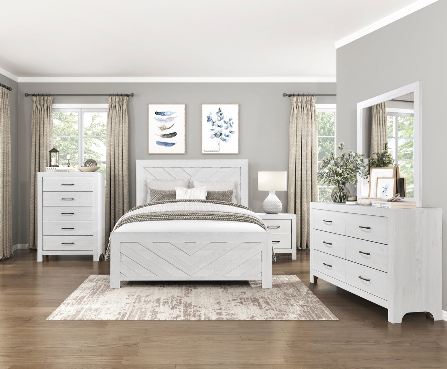 Rustic Style Bedroom Set White Queen/King/Full/Twin 1534NPWH California Stocks