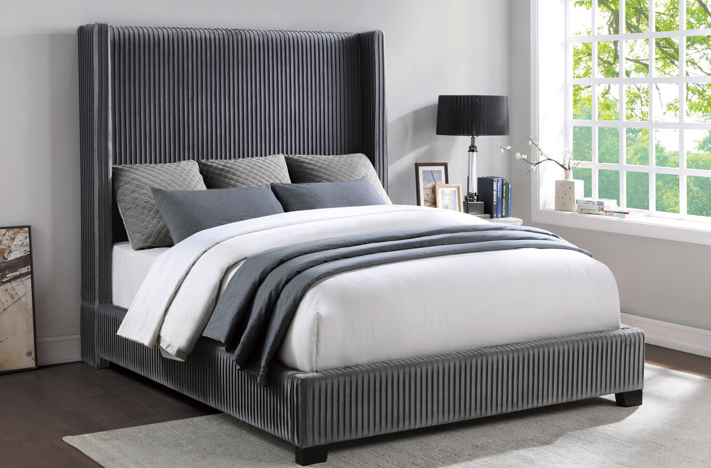 High Headboard Transitional Design Velvet Queen/King/Full Bed 1547GY Toronto/Vancouver Stocks