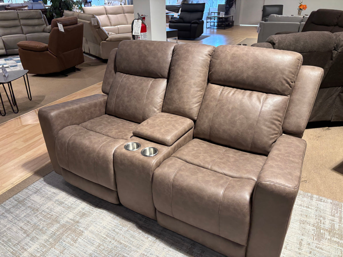 Model 99635 brown reclining loveseat with cup holders front view