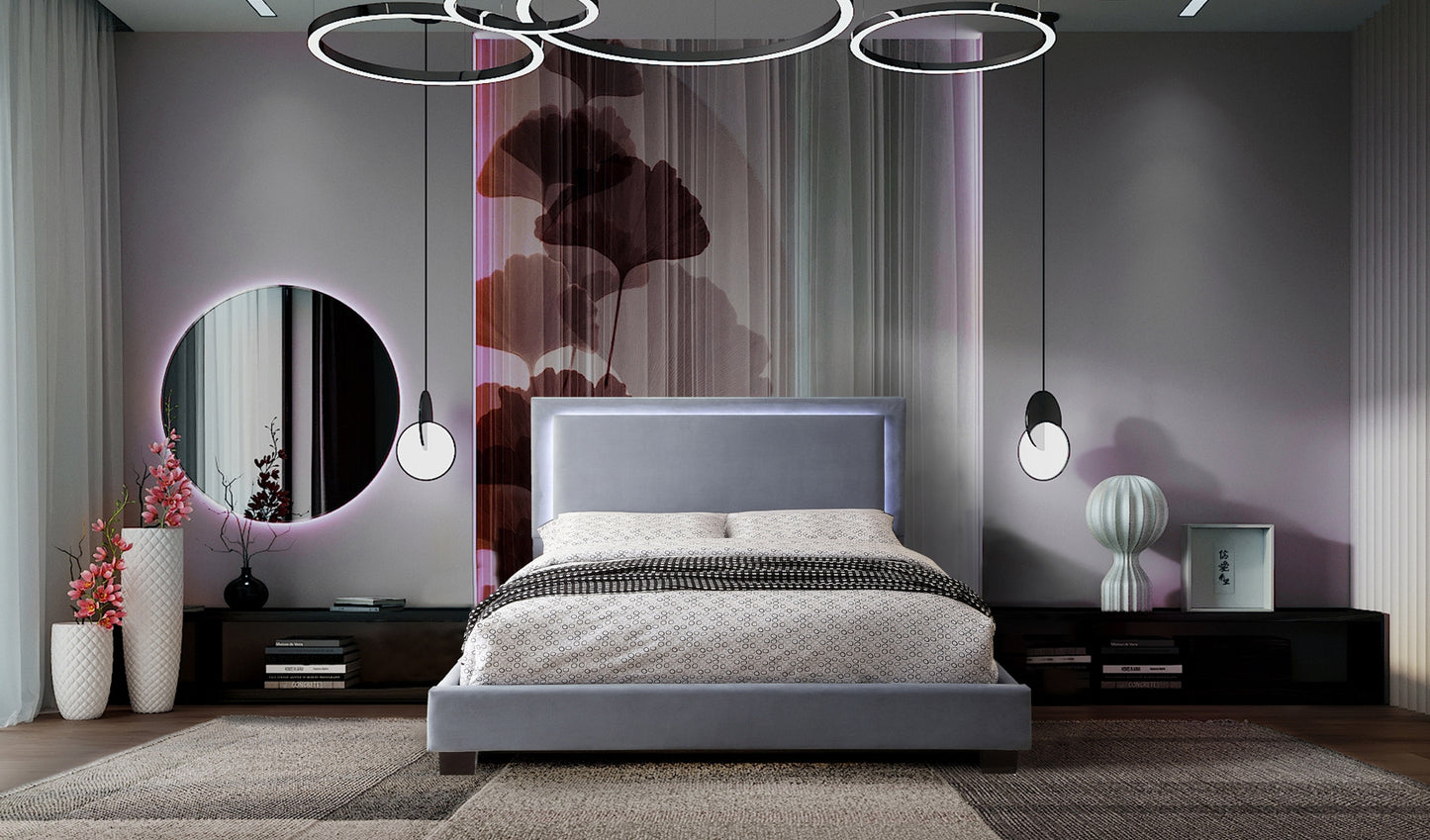 Modern LED Headboard Fabric Upholstered Queen/King Bed 1991 Limited Stocks Toronto Grey & Black