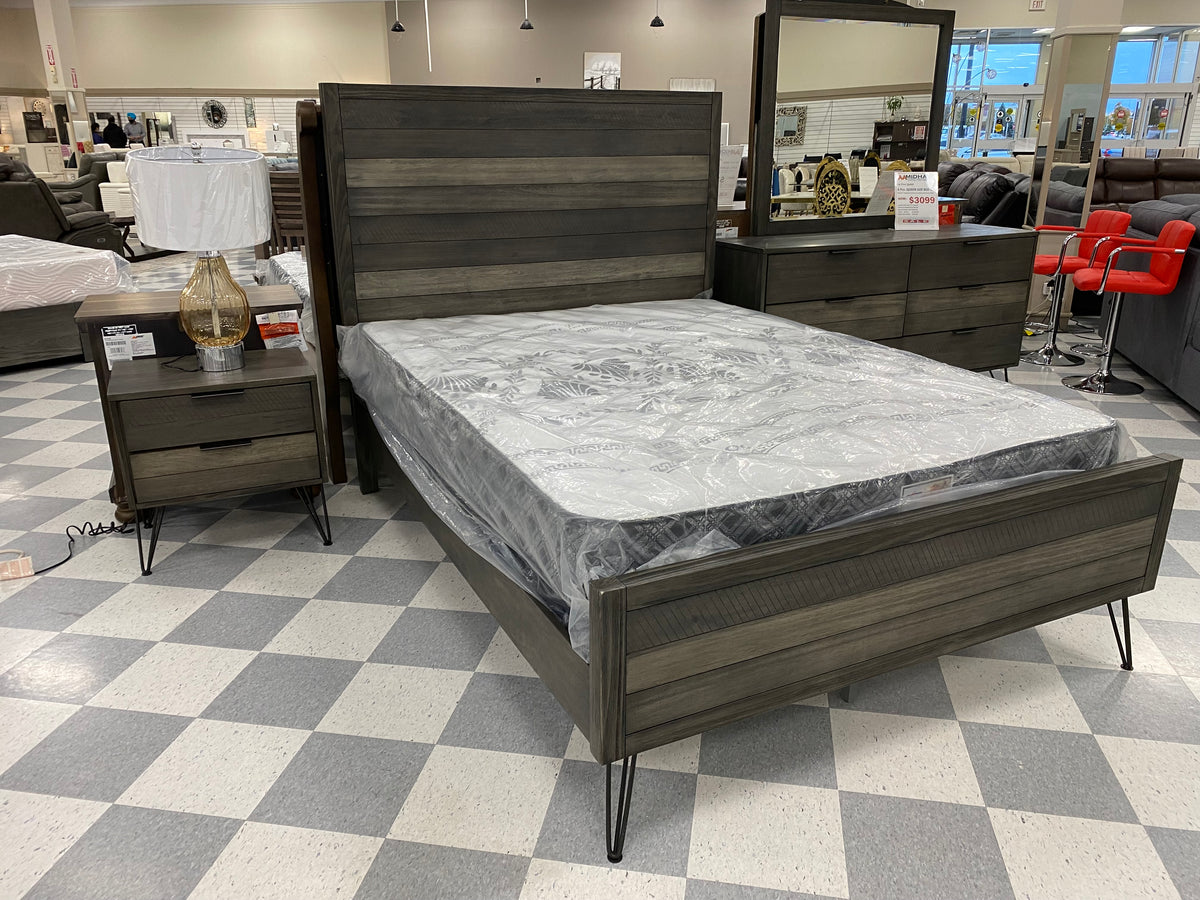 Model 1604 grey bedroom set with plank-panel bed, nightstand, dresser, mirror, and black metal hairpin legs