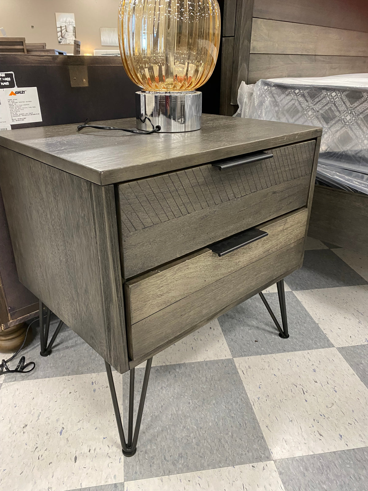 Model 1604 grey two-drawer nightstand with black handles and metal hairpin legs