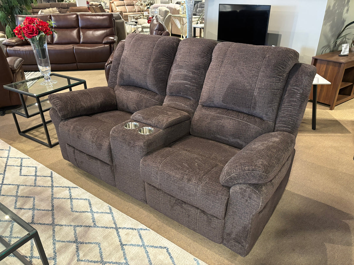 Model 99704 dark brown fabric reclining loveseat with center console