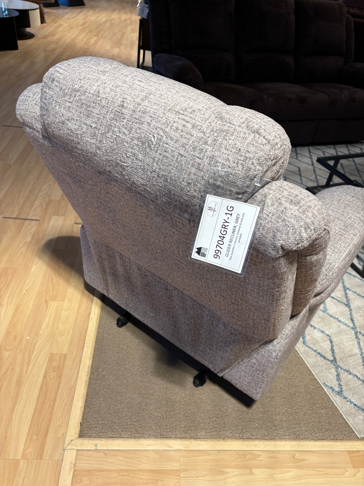 Model 99704 grey fabric recliner chair rear view with product tag