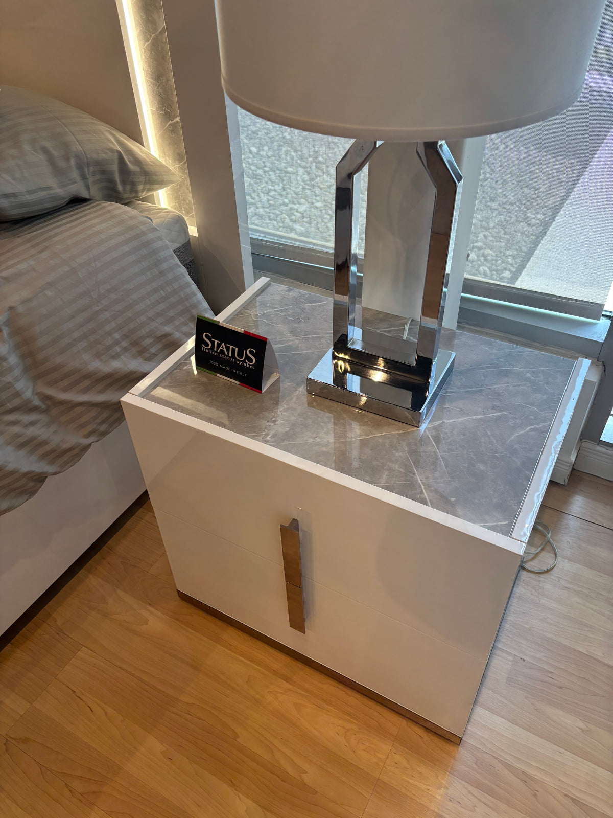 Model Mara Italian bedroom set with bed, nightstands, dresser, mirror, and wardrobe