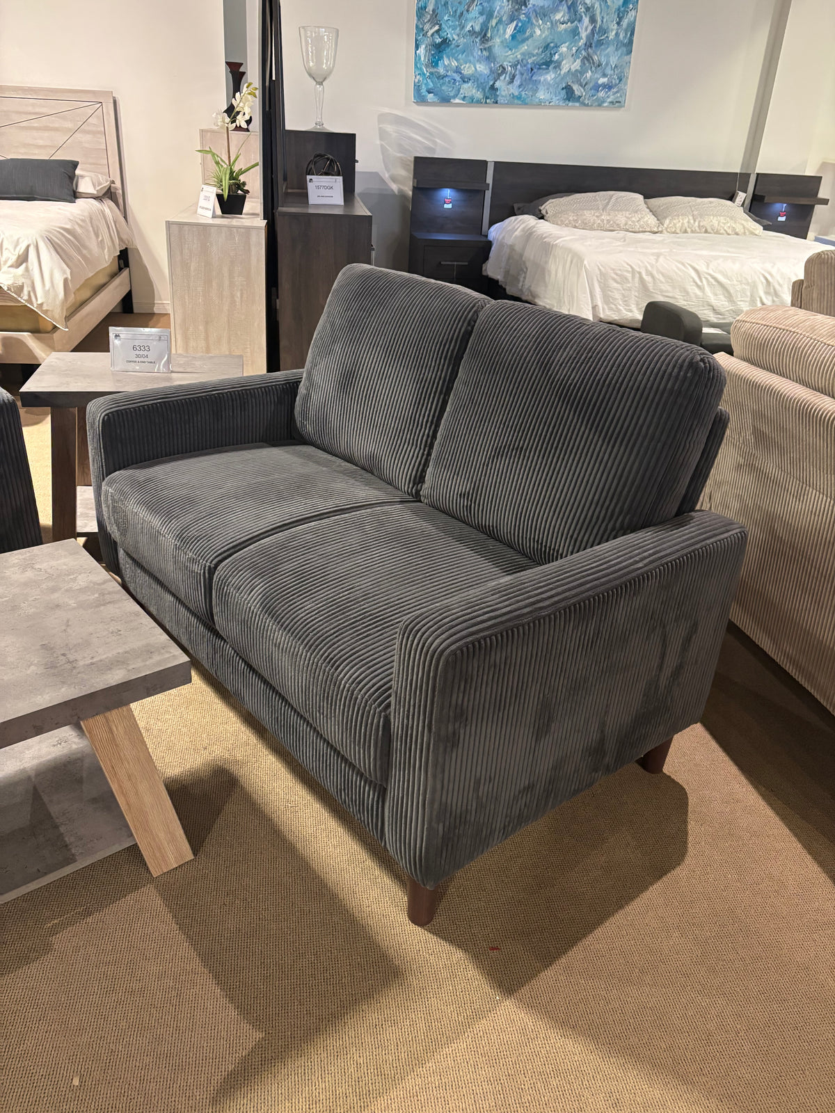 Model 9520 dark grey ribbed fabric loveseat