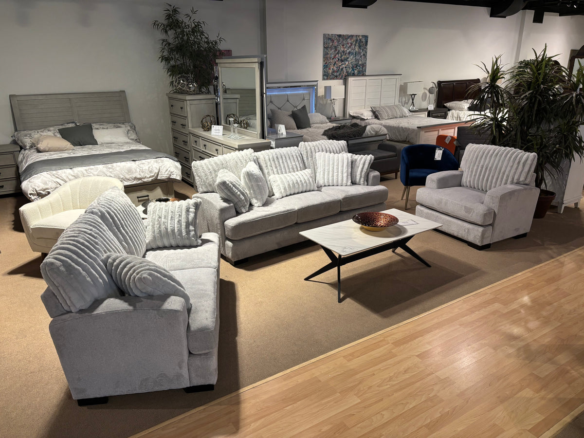 Model 99083GY grey fabric sofa with ribbed back cushions