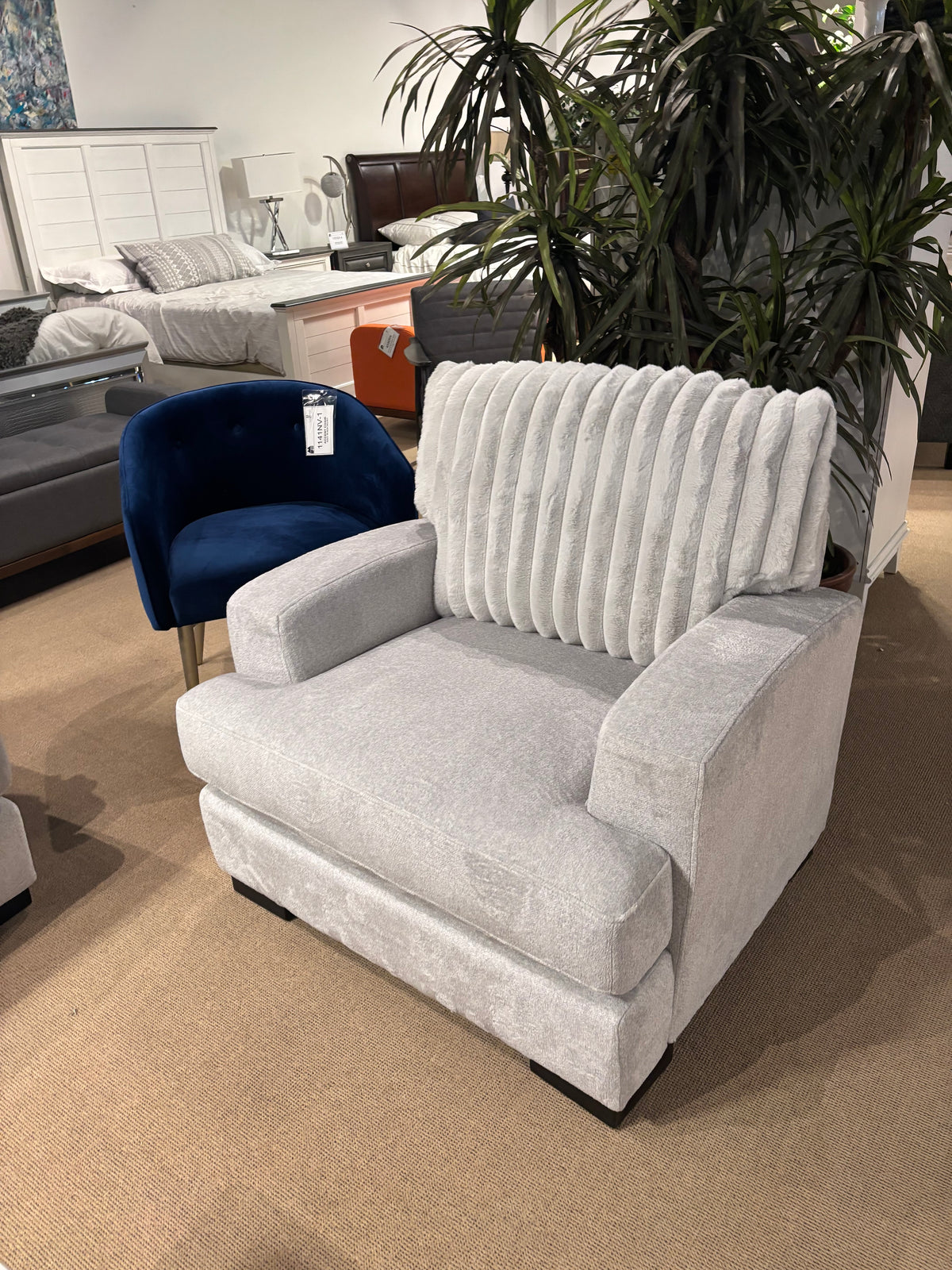 Model 99083GY grey fabric accent chair with ribbed back cushion