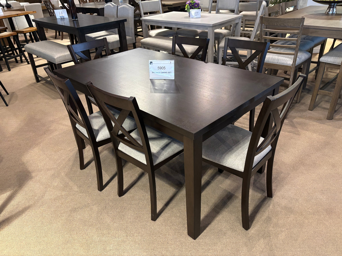 Model 5905 seven-piece dining set with dark wood table and X-back chairs with upholstered seats