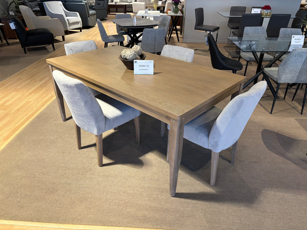 Model 5998N seven-piece dining set with warm wood table and light upholstered dining chairs