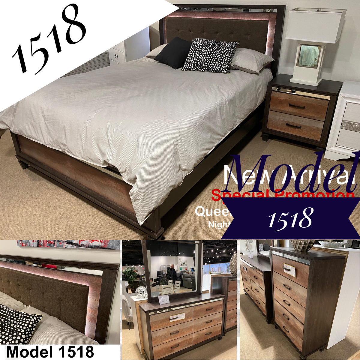 Model 1518 queen bedroom set with upholstered illuminated headboard, two-tone bed, nightstand, dresser, mirror, and chest