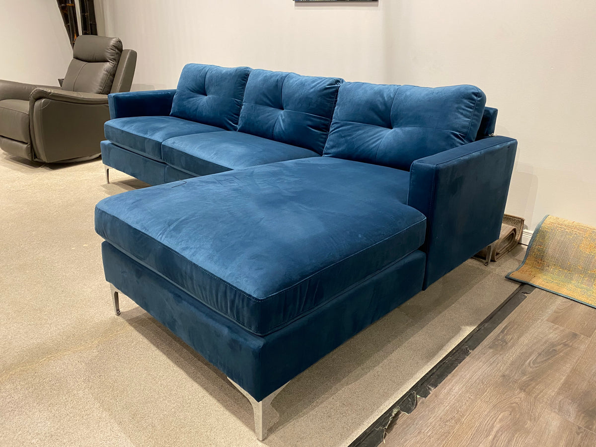 Model 99814BLU blue reversible sectional sofa with chaise, view one