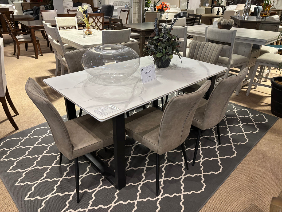Model 5915 dining set with white marble-look table and grey upholstered chairs