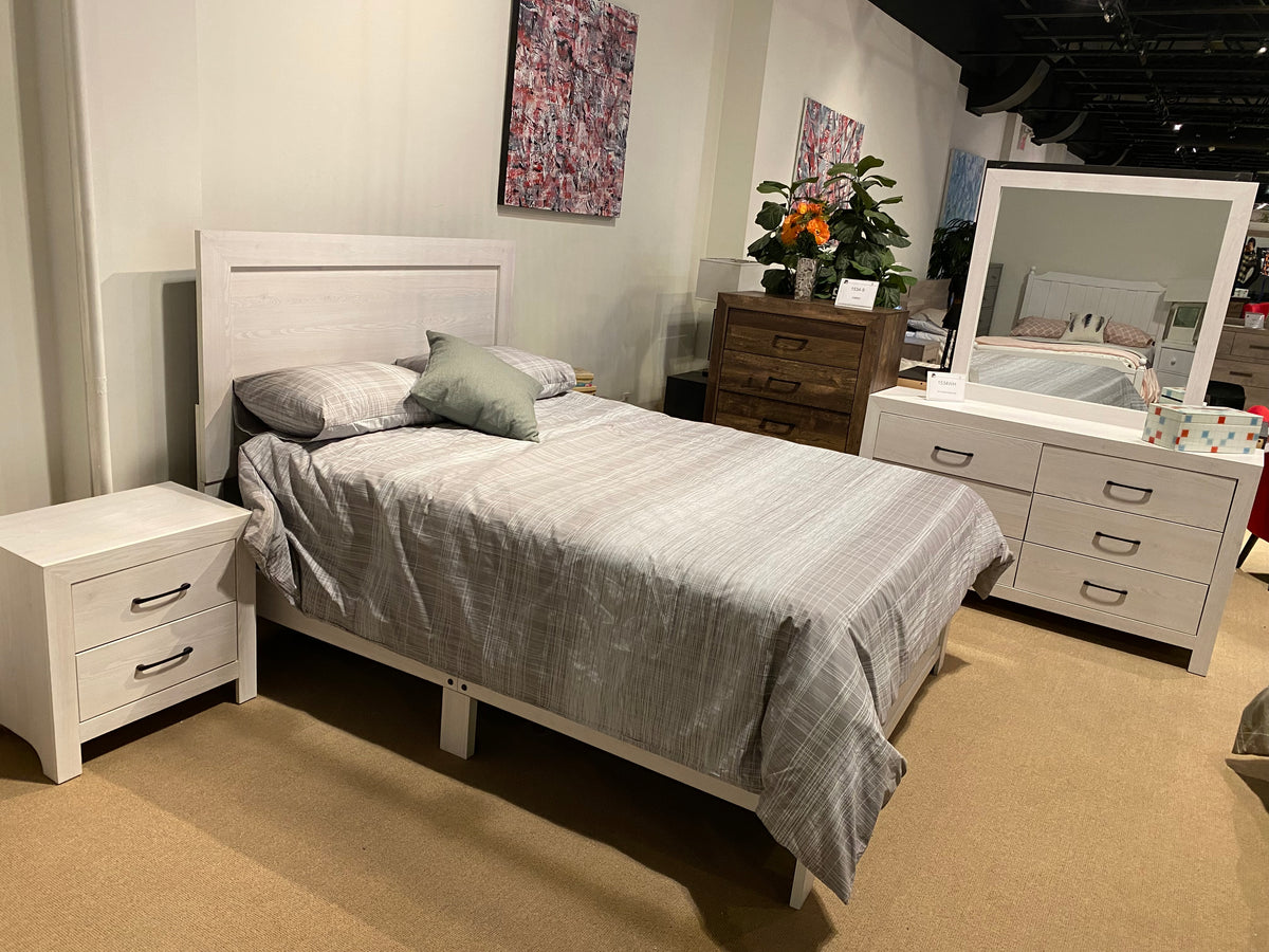 Model 1534WH white bedroom set with panel bed, nightstand, dresser, and mirror