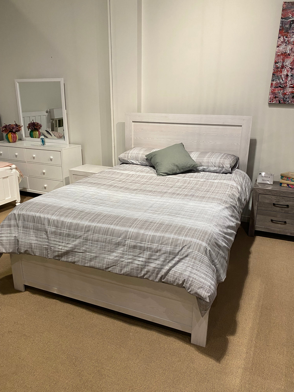 Model 1534WH white panel bed with subtle wood grain finish