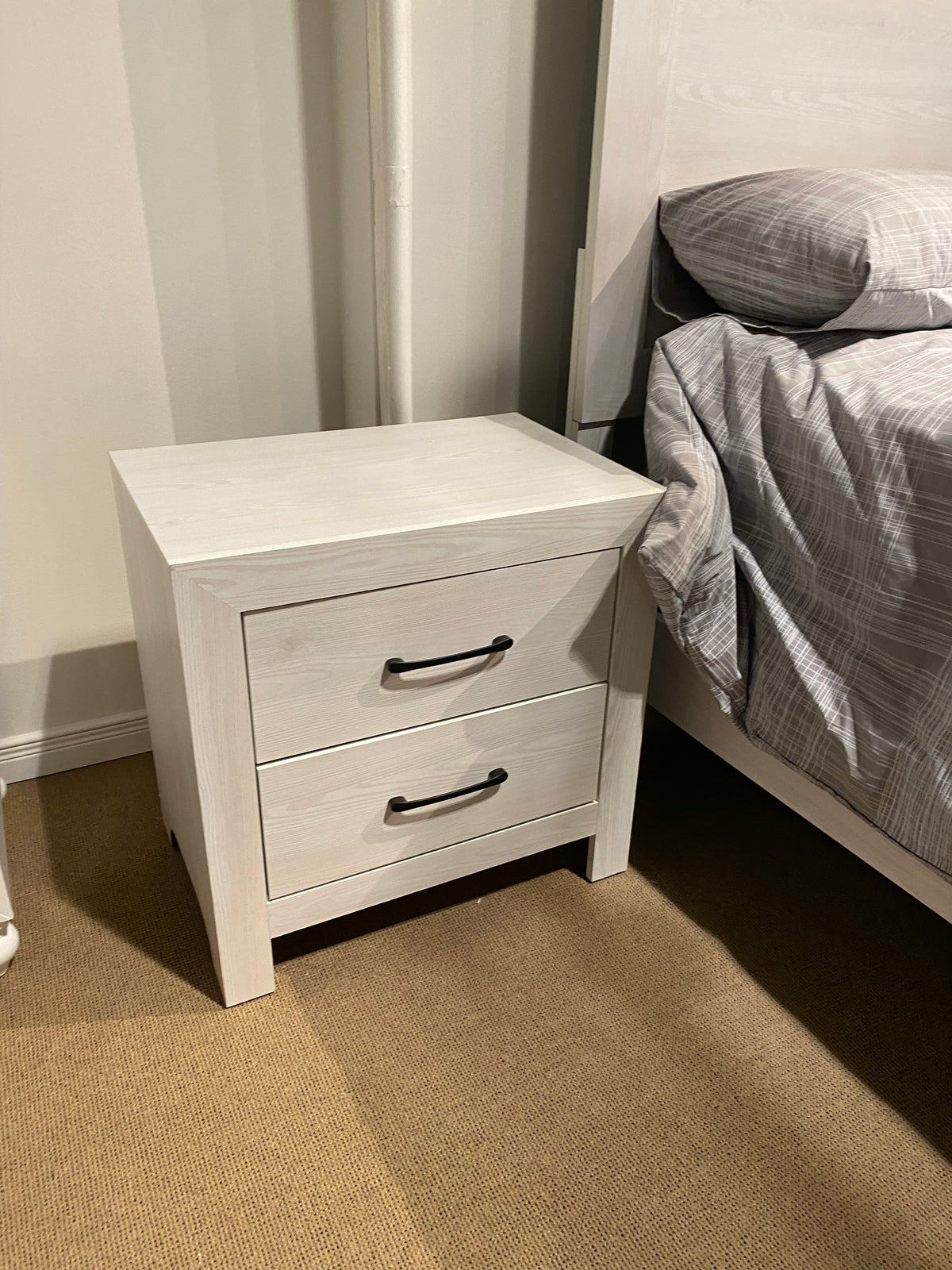 Model 1534WH white two-drawer nightstand with dark metal handles